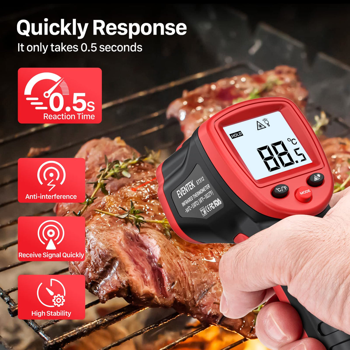 Eventek Infrared Thermometer Gun -58°F~1022°F (-50°C~550°C), IR Laser Thermometer Gun for Cooking, Pizza Oven, Grill, Griddle, Engine with Adjustable Emissivity & Max Min (NOT for Humans)