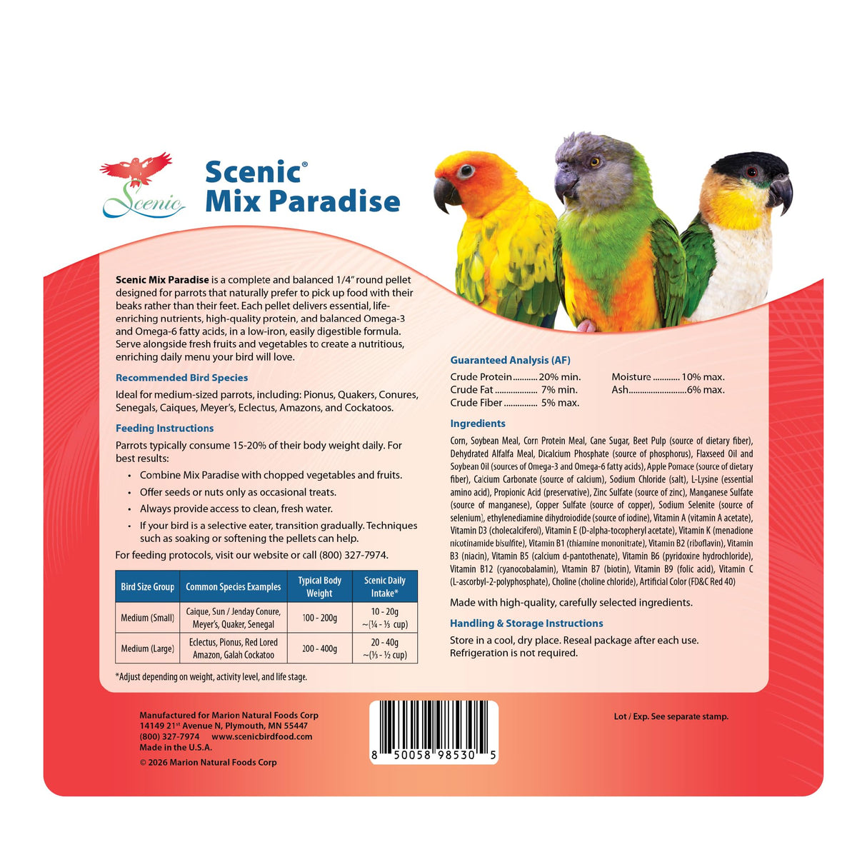 Scenic Mix Paradise Medium Parrot Food - 3.5 lb Bag - 1/4" Bird Pellets - Complete Nutrition for Sun Conures, Pionus, Senegals, Caiques & More