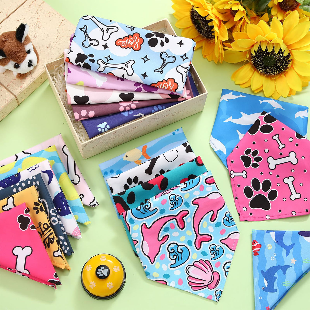 Reginary 180 Pcs Spring Dog Bandanas Bulk Hawaiian Triangle Dog Scarfs Bib Bandanas Plaid Flamingo Pet Triangle Bibs Kerchief Adjustable Bandana for Pet Grooming Costume Accessory(Paw Print)