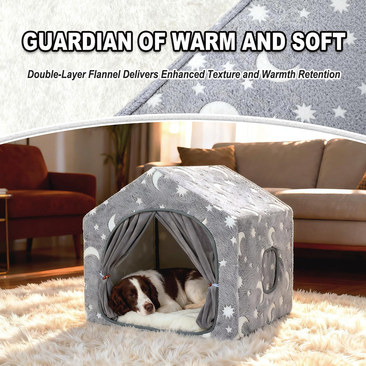 Pelemee Indoor Dog House, Night-Luminous Star Dog Tent with Frame, Washable Dog Cave Bed, Suitable for 18-40 lb Small and Medium Dog