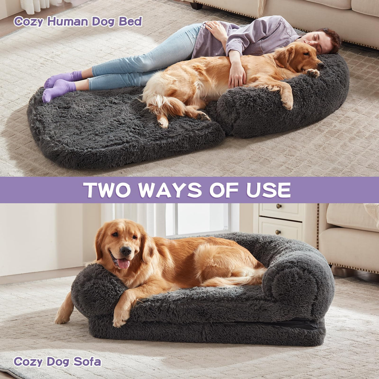 Foldable Man Dog Bed, Orthopedic Memory Foam Man Size Dog Bed, Large pet Bed, Artificial Fur Adult pet Sofa, Gray, 71 "x41 x12“