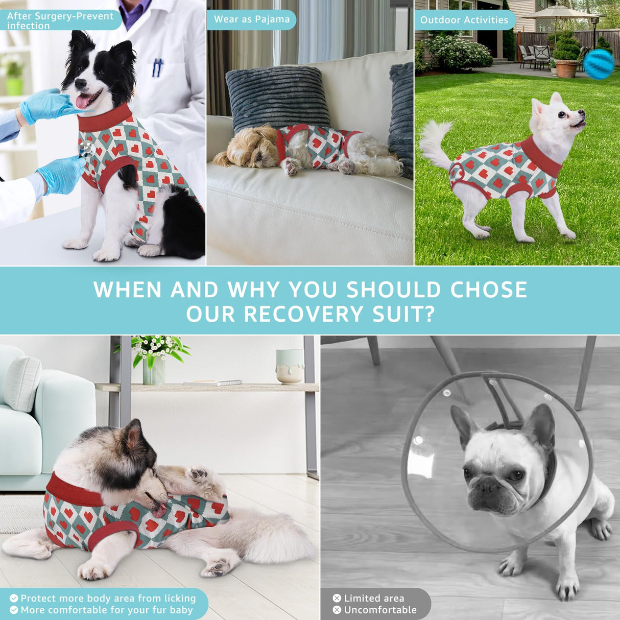 Comwish Small Recovery Suit for Dogs, Dog Recovery Suit Male Female Post Spay, Neuter, Abdominal Surgery Recovery Suit with an Inner Layer Pocket, Prevent Licking Soft Breathable Cotton (Red Heart)