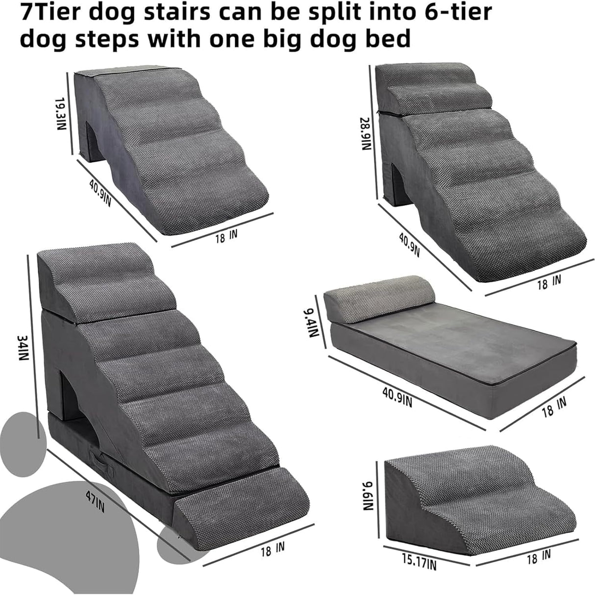 LitaiL 7-Step Dog Stairs for High Beds 30-36" Tall Dog Ramp for Small and Older Pets, Non-Slip Pet Steps, Grey