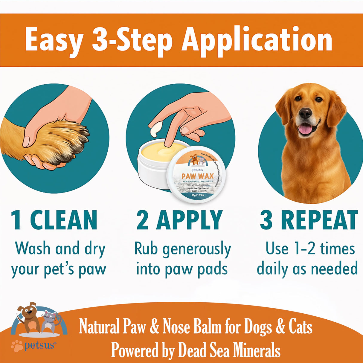 Petsus Dog Paw Balm – Lick-Safe Wax & Moisturizer for Dry, Cracked Pads, Nose & Snout – Natural Protection for Winter & Hot Pavement with Dead Sea Minerals, Shea Butter, Coconut Oil – 1.75 oz