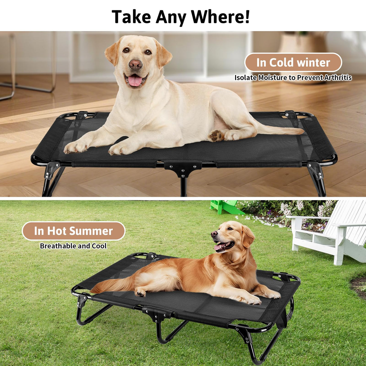 Ipixune Foldable Elevated Dog Bed, 36"x23"x7" Raised Pet Bed with No Setup, Outdoor DogBed with Breathable Mesh, No-Slip Feet Durable Dog Cots Bed for Medium Sized Dogs, Black