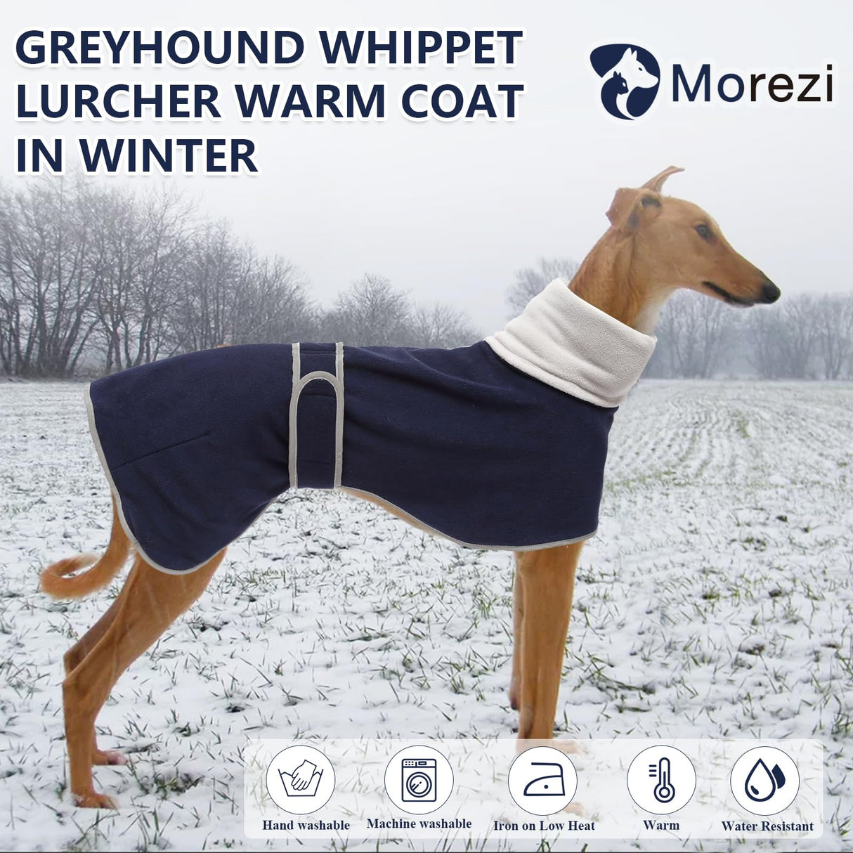 Greyhounds Lurchers Whippets Dog Coats with Reflective Stripe Dog Winter Coat Jacket Fleece Adjustable Band - Navy - S