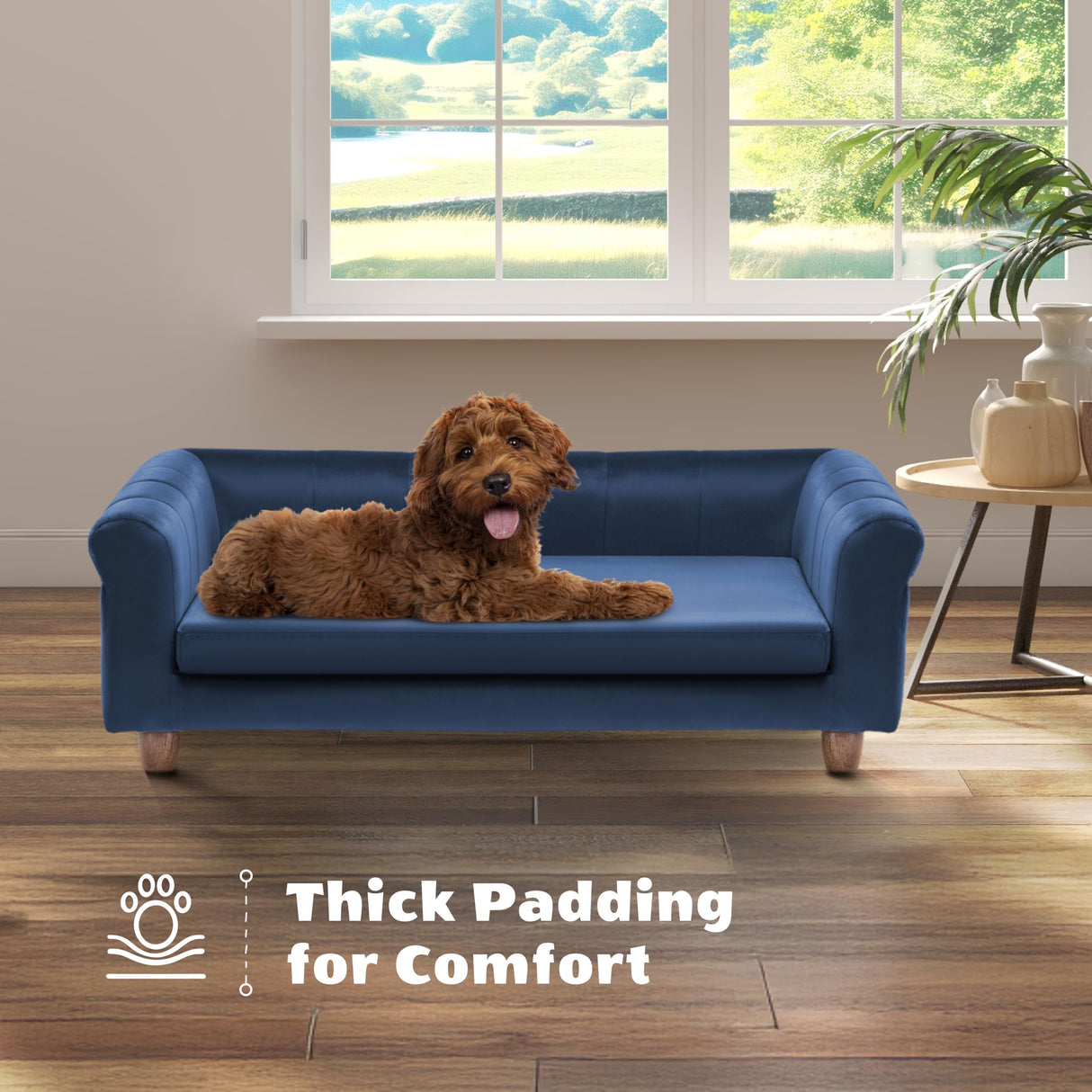 CRITTER SITTERS 42-in. Elegant Navy Faux-Velvet Rectangular Dog Sofa for Medium and Large Dogs, Elevated Plush Dog Couch