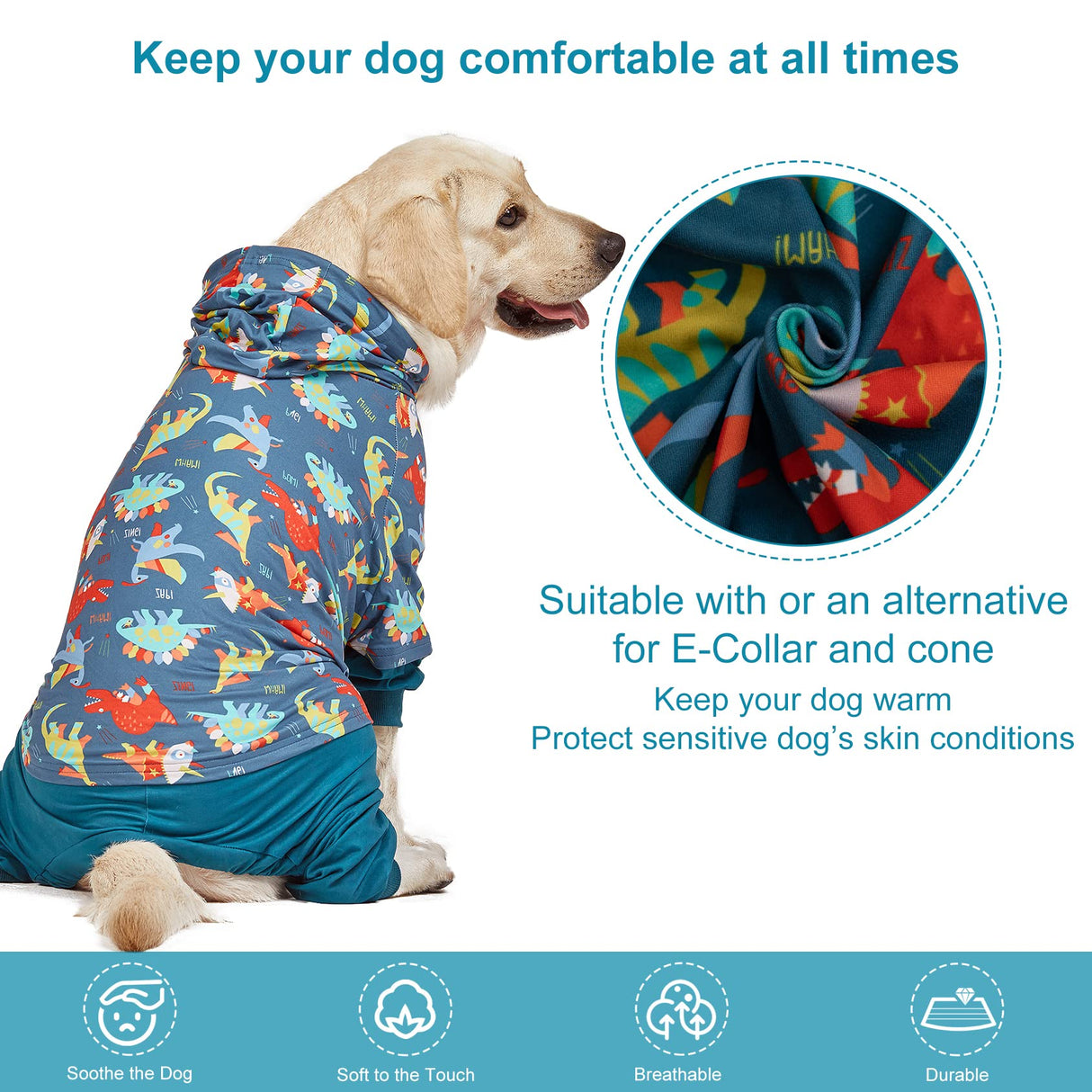 LovinPet Dog Pajamas: Lightweight Onesie, Large Dog Pjs, Reflective Stripe, Super Dinos Navy Print, Surgical Recovery Clothes /3XL