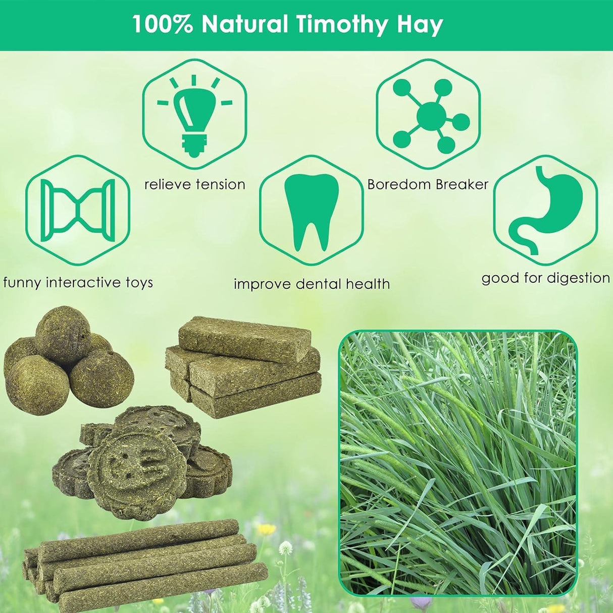 ERKOON 50Pcs Bunny Chew Toys, 100% Natural Timothy Hay Biscuit&Treats Sticks, Chew Toy for Teeth for Rabbit Chinchilla Guinea Pig Hamster Gerbil Squirrel, 17oz