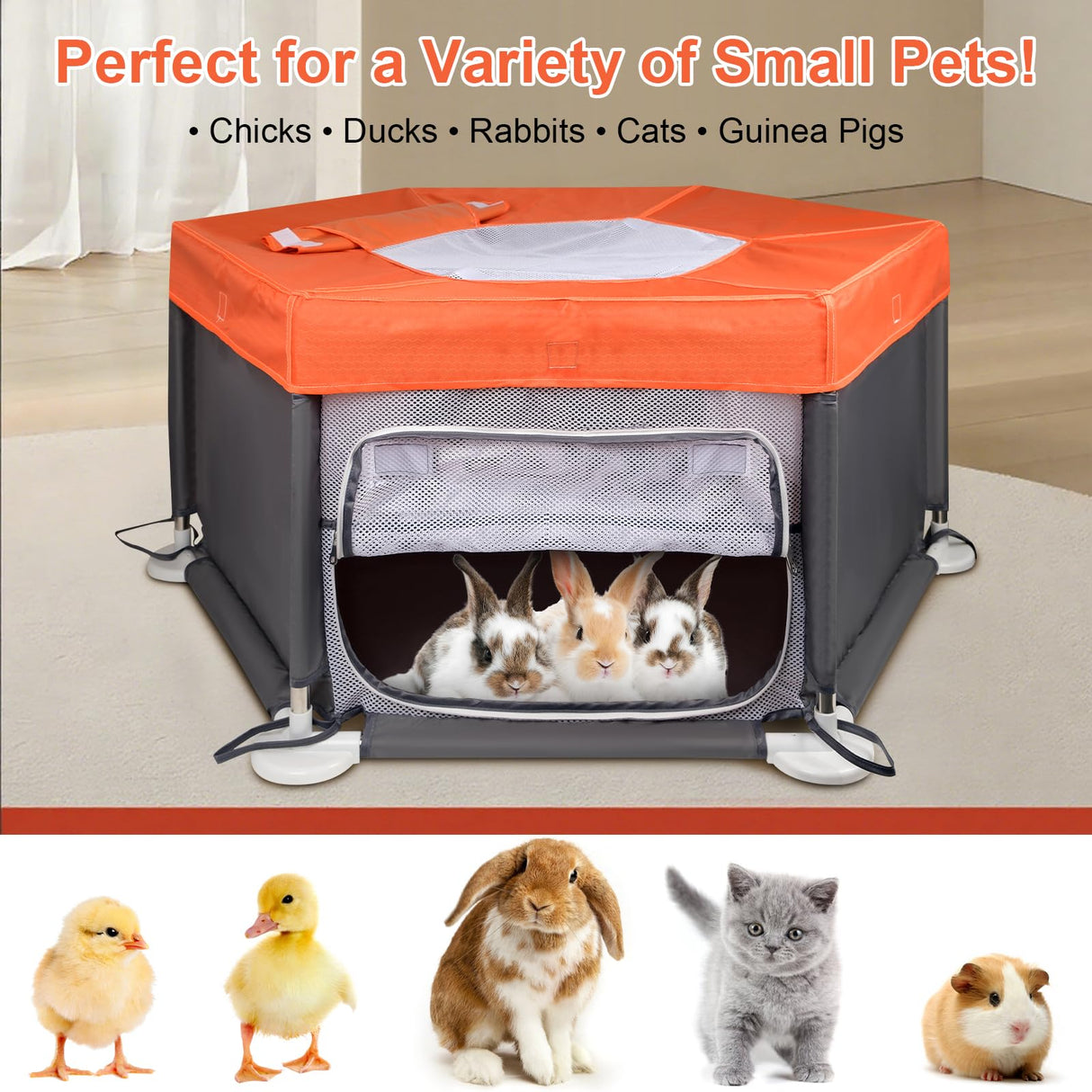 45"x45"x19.7" Sturdy Stainless Steel Frame Small Animal Playpen, Brooder Box for Chicks with Removable Roof & Bottom Pad for Easy Cleaning, Pet Playpen for Ducks, Kittens, Bunnies, Quails, Guinea Pigs