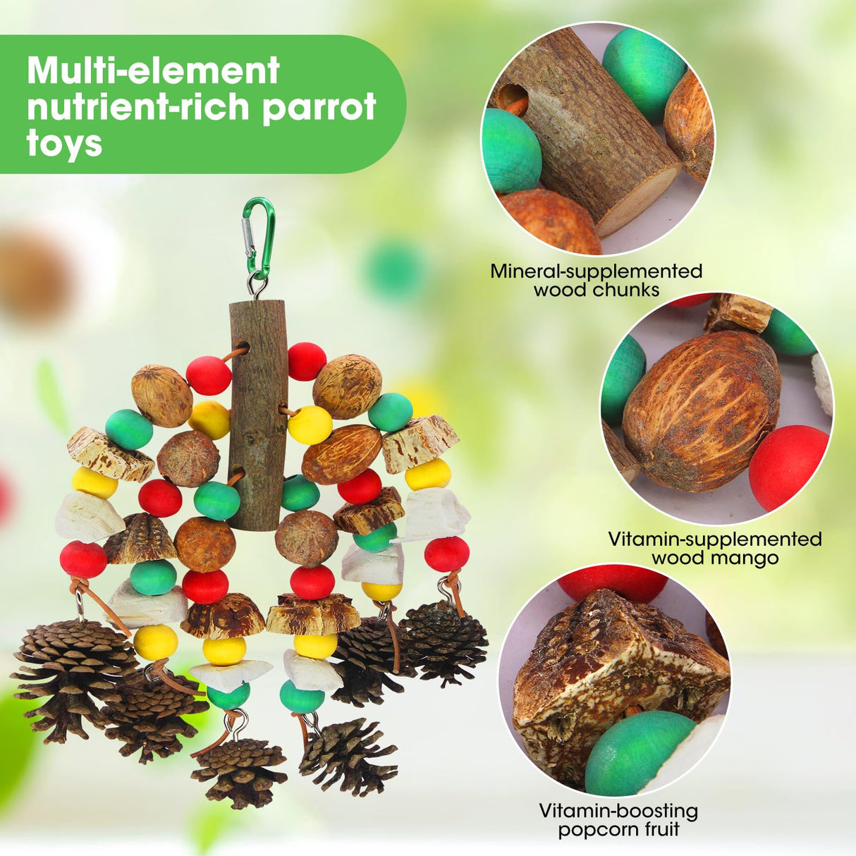 MQUPIN Parrot Toys, Nuts Nutrient-Rich Bird Toys,Natural Wooden Parrot Cage Bite Toy,Chewing Toy Containing Cuttlefish Bones,Pine Cones,Wooden Mangoes and Carambola for African Greys,Cockatoo,Budgie