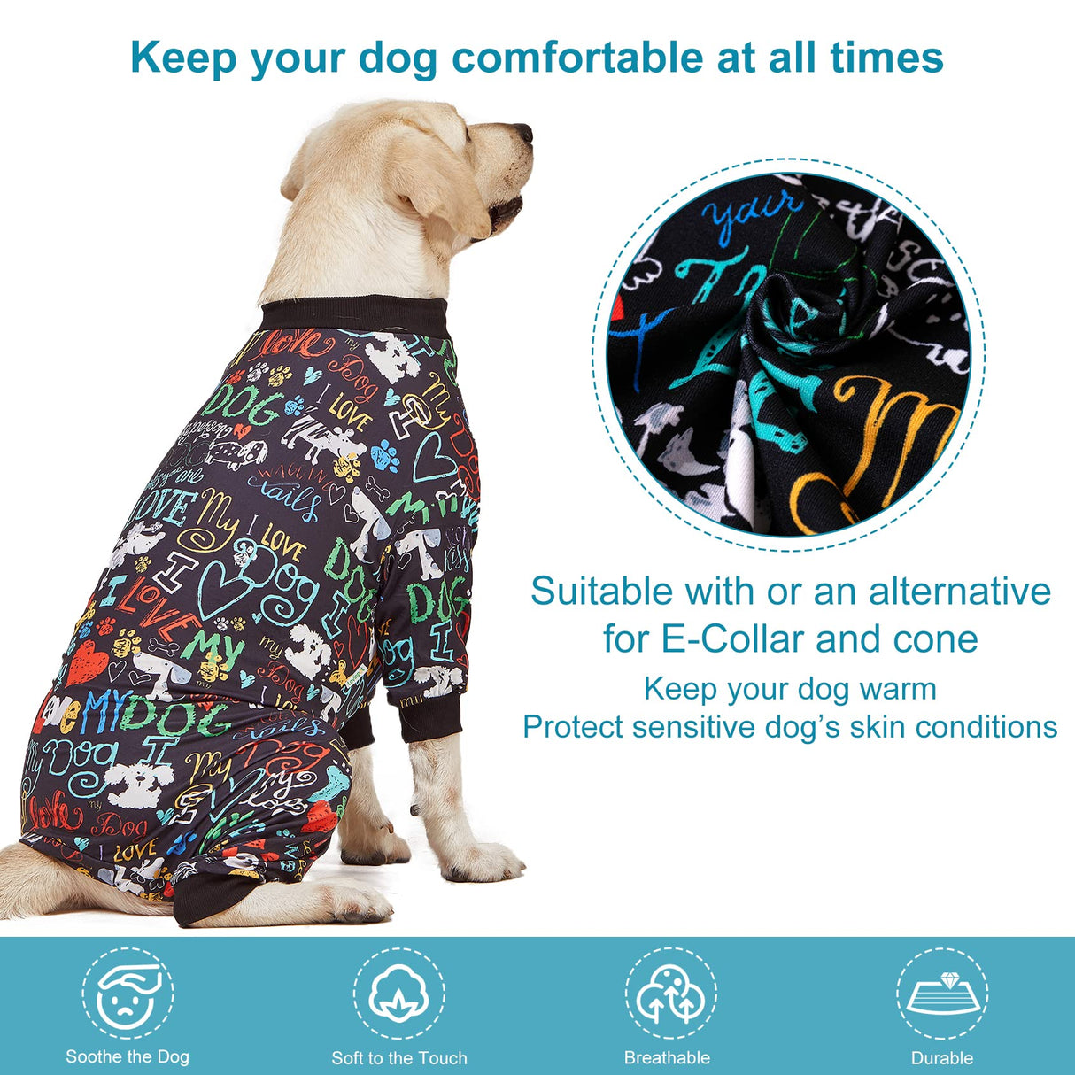LovinPet Large Dog Pajamas, Wound Care/Post Surgery Shirt, UV Protection, Love My Dog Text on Black Print, UV Protection, Pet Anxiety Relief, Large Dog Onesies, Pet PJ's /3XL