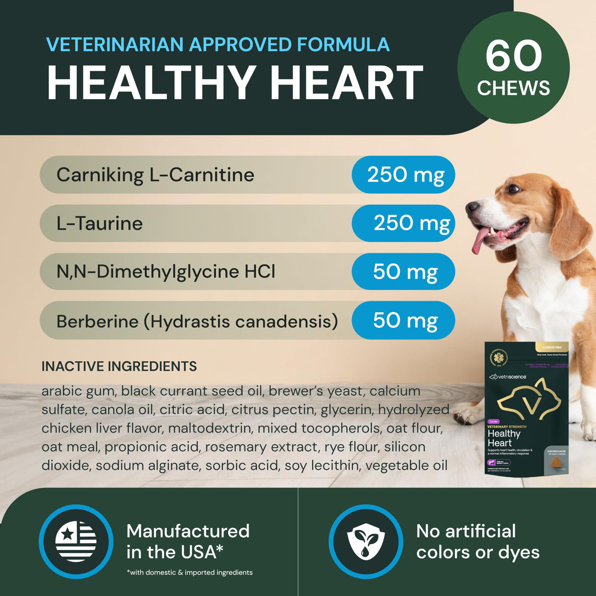 VETRISCIENCE Veterinary Strength Healthy Heart Chews - Heart & Energy Supplement for Pets - Cardiovascular Supplement - Pet Blood Flow Support - Chicken Flavor - 60 Count