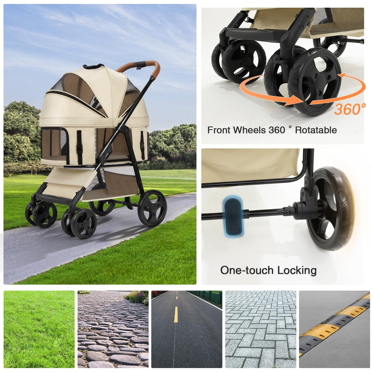 4 Wheels Pet Stroller for Small/Medium Dogs and Cats,Dog Stroller with Detachable Carrier and Storage Basket,One Click Folding, Compact Portable,Up to 50lbs,3 in1 Multifunctional(Khaki)