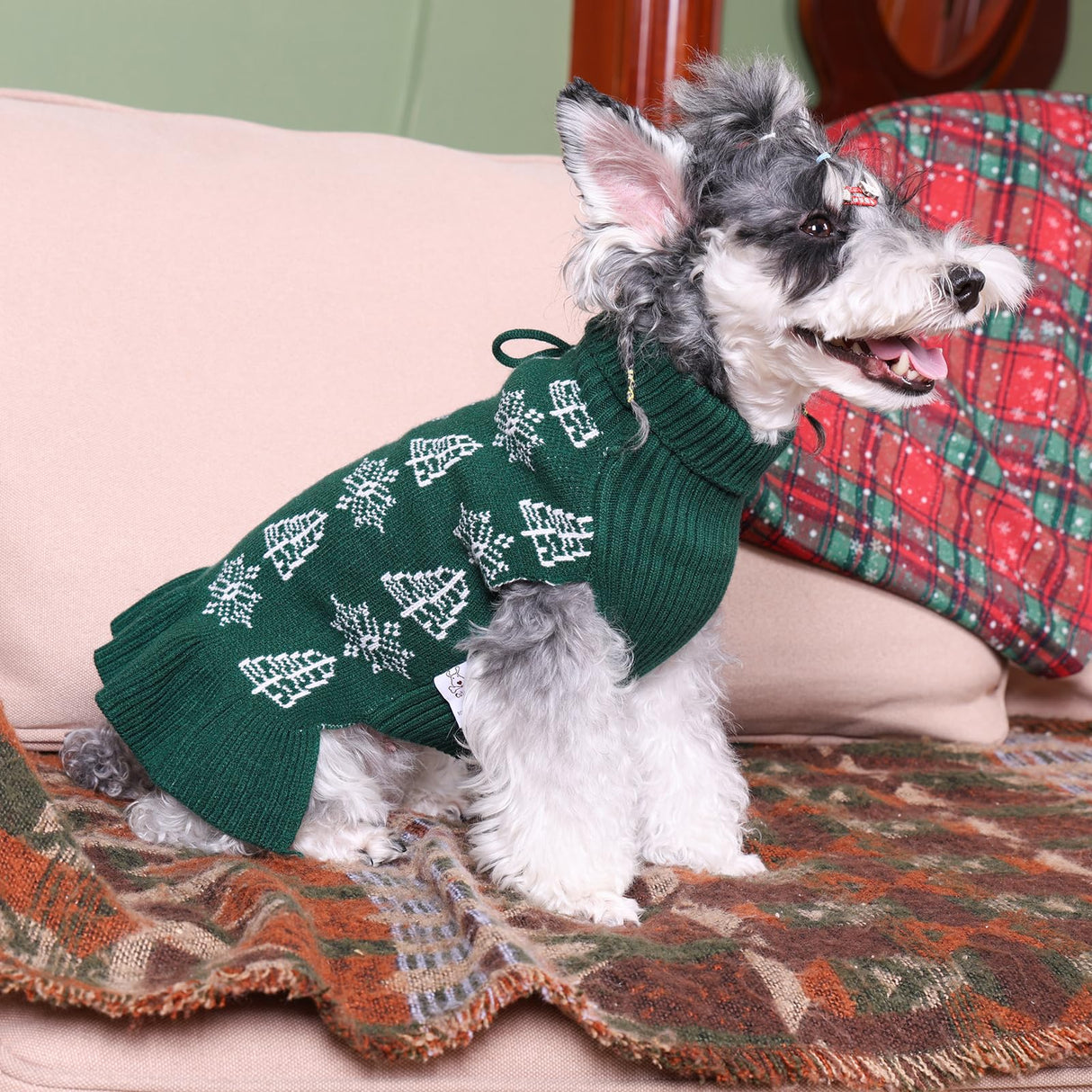 CuteBone Ugly Dog Christmas Sweater Dress Winter Knit Green Turtleneck Puppy Sweater with Craft Pom Pom Ball Pullover Ruffle Dress for Small Dogs