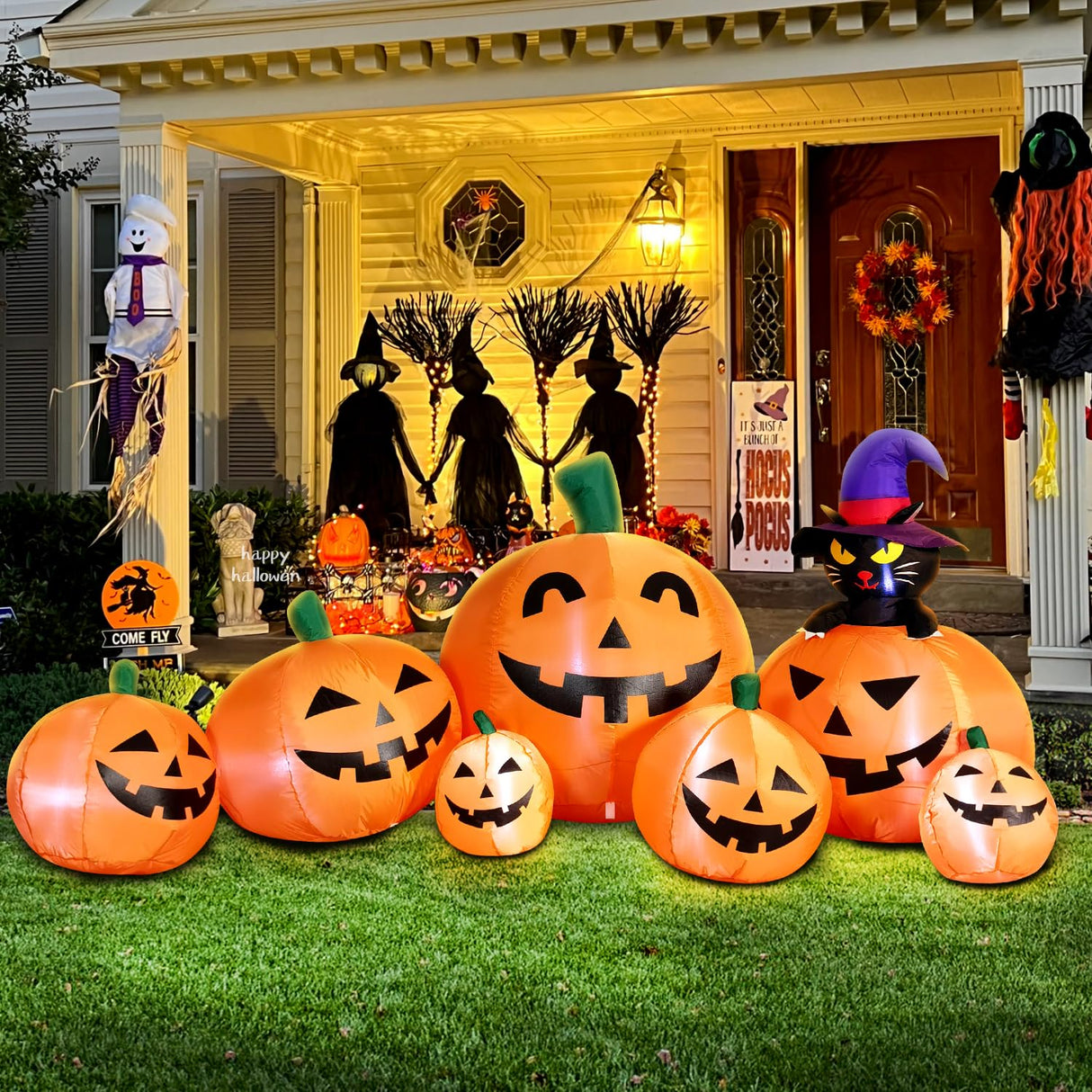 DomKom 8 FT Long Halloween Inflatable Decorations Pumpkin with Black Cat, Outdoor Holiday Decor Blow Up Halloween Yard Decor, LED Lights Inflatables Outdoor Garden Lawn Halloween Decor