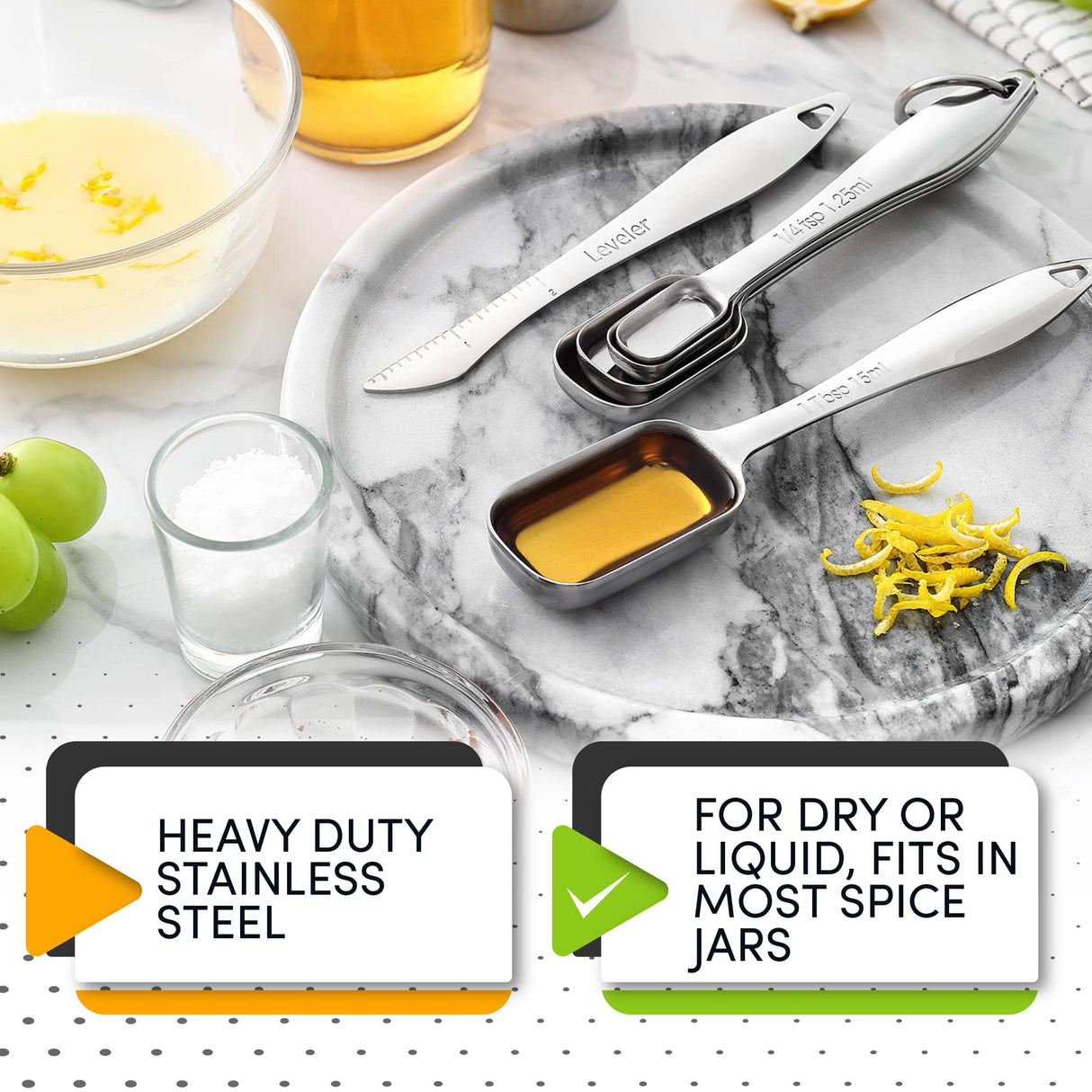 Stainless Steel Measuring Spoons Set of 6 with Leveler, Rectangular Metal Teaspoon & Tablespoon Measuring Spoons for Dry & Liquid Ingredients - Nesting Kitchen Gadgets For Baking & Cooking