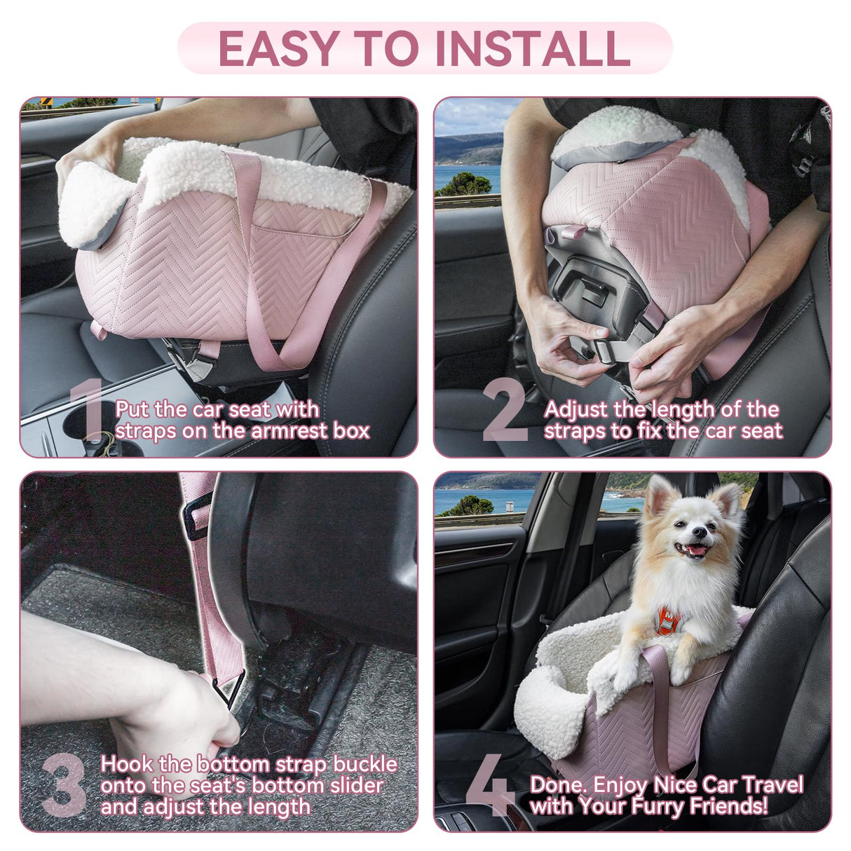 PETSFIT Cat Car Seat, Portable Console Dog Car Seat with Safe Protective Hooks, Luxury Pet Car Seat Includes Safety Leash and Storage Pocket for Pets Up to 9 lbs (Pink)