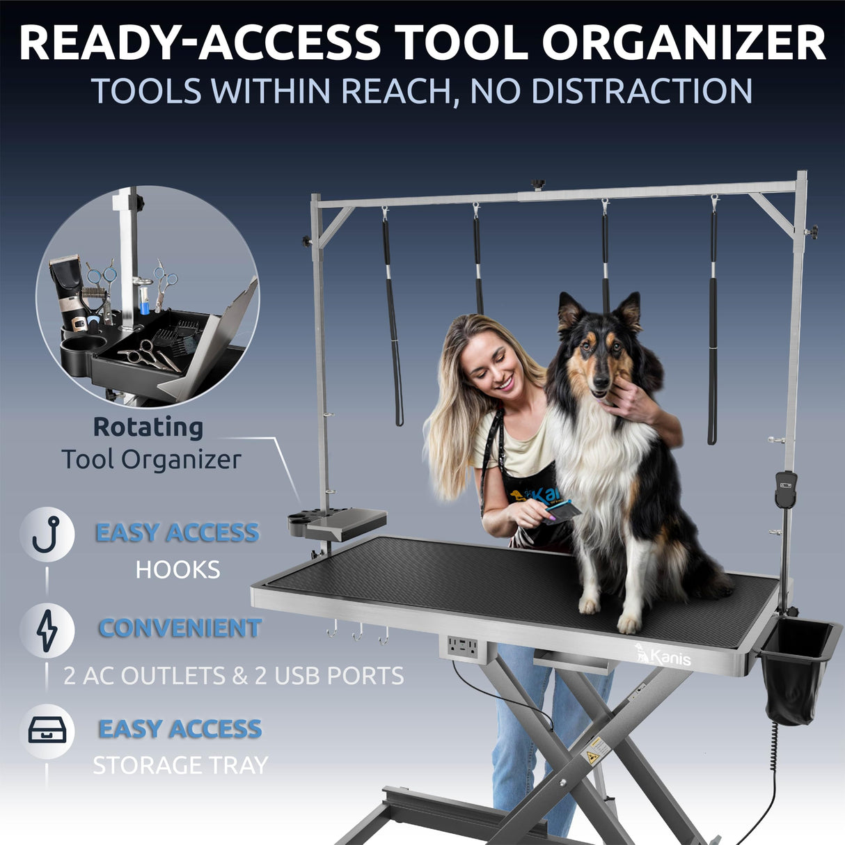 KANIS Professional Electric Dog Grooming Table - Heavy Duty, Height Adjustable Pet Grooming Table w/Leveling Wheels, Dog Grooming Arm, Anti Slip Tabletop & Tool Organizer (Grey, 49")
