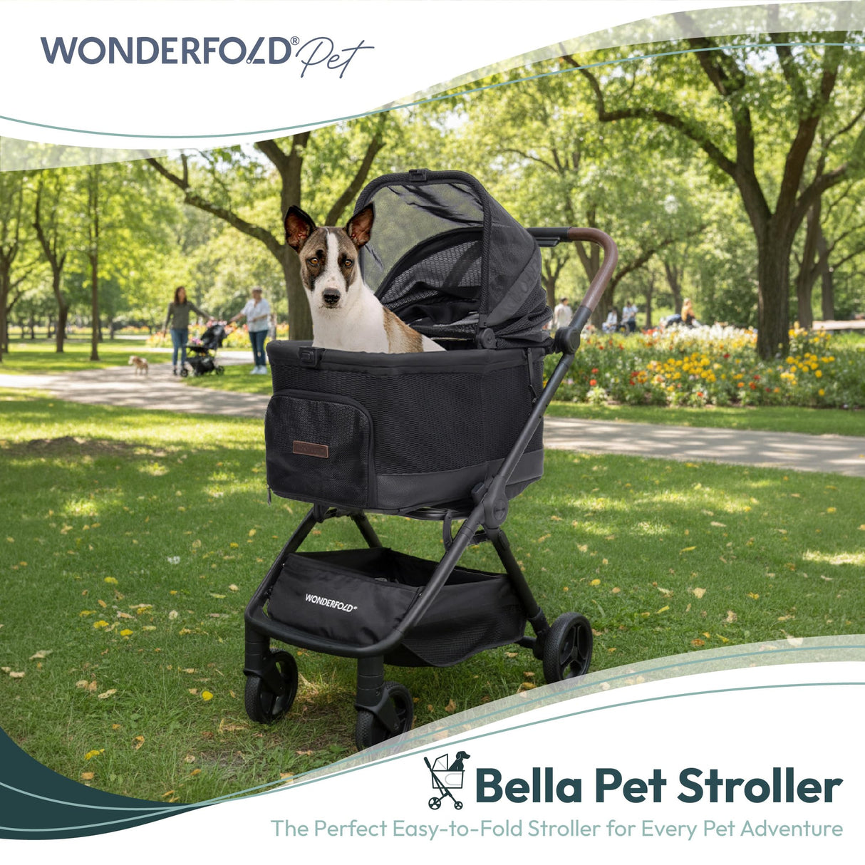 WonderFold Bella Pet Stroller - Autofold Design with Lightweight Aluminum Frame, Breathable Carriage Fabrics and Canopy, Safety Tethers & Easy-Clean Interior - Graphite Black