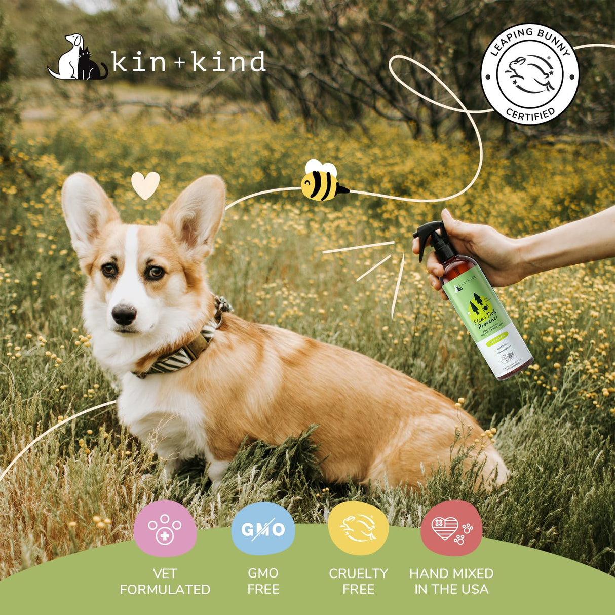 kin+kind Plant Based Flea and Tick Spray for Dogs and Cats – Essential Oil Formula with Lemongrass – Flea and Tick Prevention for Cats, Kittens, Puppies & Dogs - Pet Supplies - Family Safe – 12 fl oz