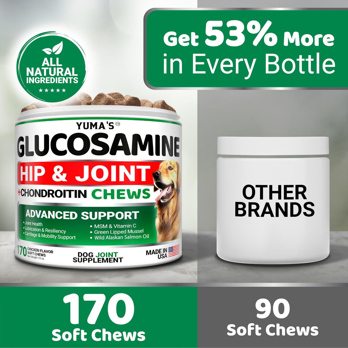 YUMA'S Glucosamine for Dogs - Hip and Joint Supplement for Dogs - 170 Ct - Glucosamine Chondroitin Chews - Joint Pain Relief Supplement with MSM - Advanced Health - Mobility Support - Made in USA