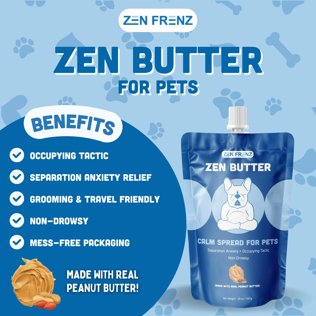 Zen Butter - All-Natural Calming Peanut Butter Spread for Pets - 20oz Resealable Pouch