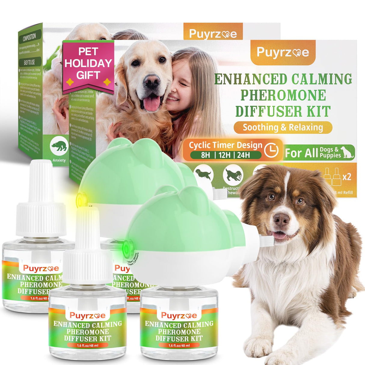 puyrzoe Dog Calming Diffuser with Timing Functions, 6-in-1 Dog Anxiety Relief Diffuser Kit, 120-Day Anxiety Relief, Stress Relaxation Pheromones Calming for All Dogs (2 Diffusers + 4 Refills)