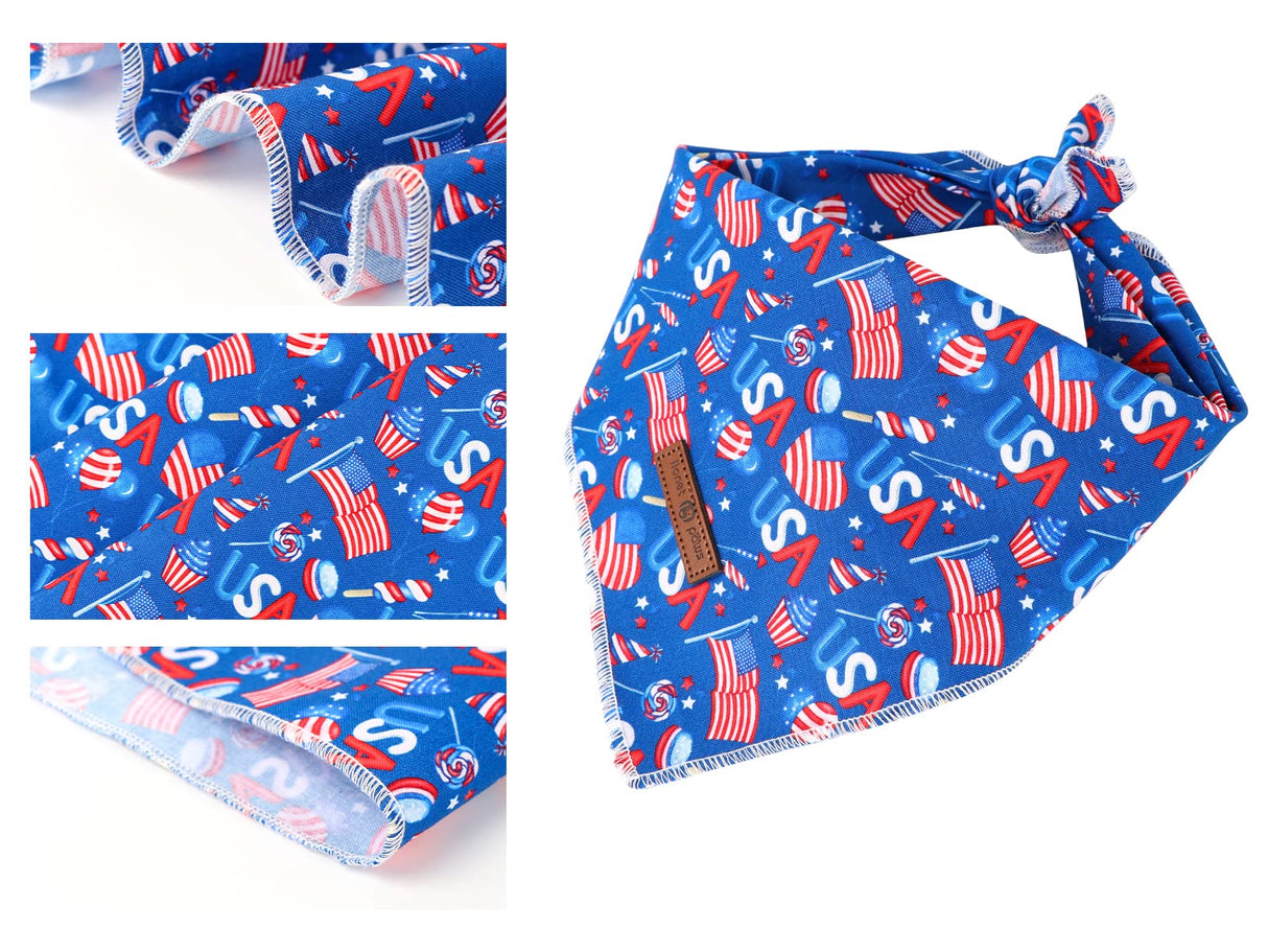 Lionet Paws 4th of July Dog Bandanas 2 Pack, American Washable Triangle Bibs Scarf Kerchief, Adjustable Holiday Scarves for Medium Large Extra Large Pets, USA & Flag