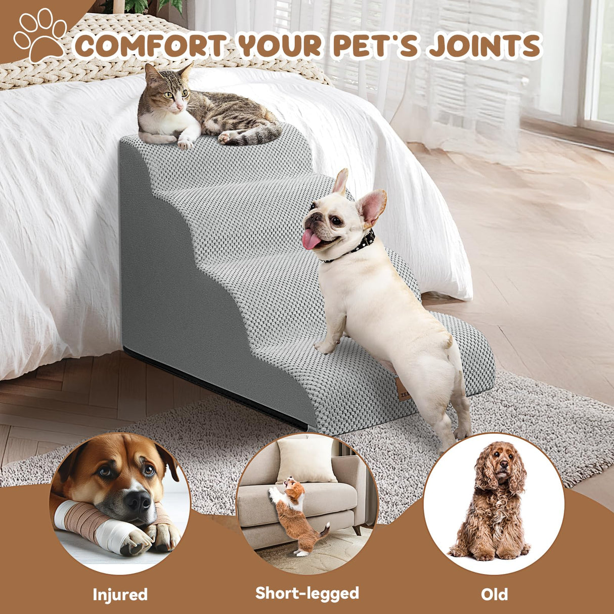 Zerbuger Dog Ramp and Stair for Bed 16" H-20 H,3-Step Cat Stair for Sofa and Chair,4-Step Dog Ramp for High Bed and Window,Durable Nonslip Fabric Cover for Indoor (Light Grey-20 H, Pet Friendly, 4)