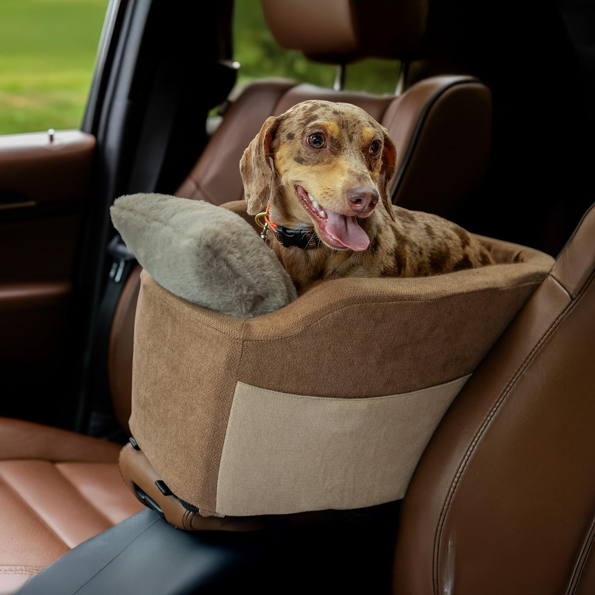 Center Console Dog Car Seat | 11 lbs MAX | Safety Straps & Leash | Comfortable Foam and Plush Pillows | Adjustable Mount Design | Large Storage Pockets | Perfect for Small Pets & Cats (Brown)