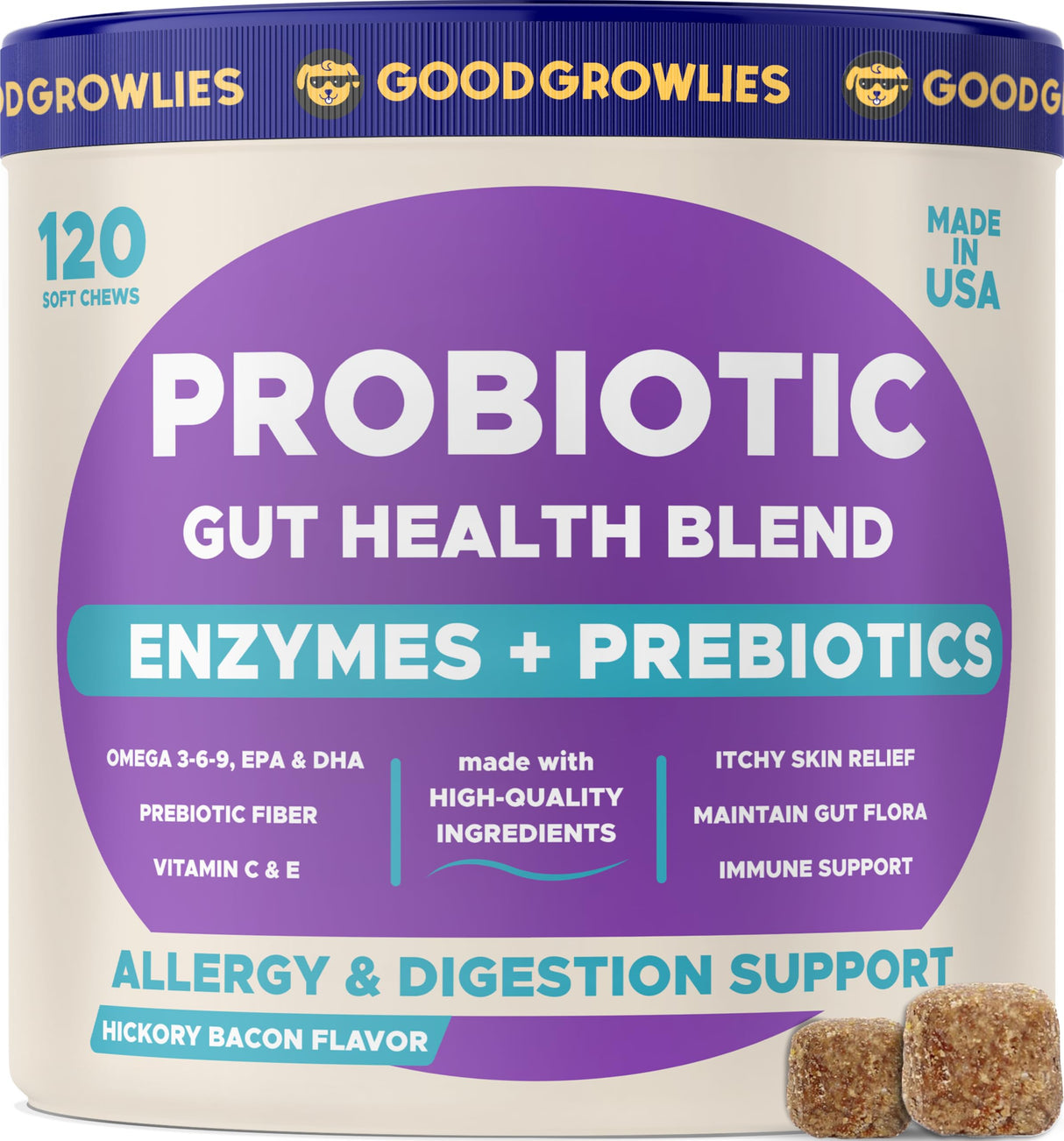 GOODGROWLIES Probiotics for Dogs Gut Health & Digestive Function Support - Probiotic Chews w Pumpkin & Omega - Upset Stomach & Gas Relief, Constipation, Canine Prebiotic Supplement