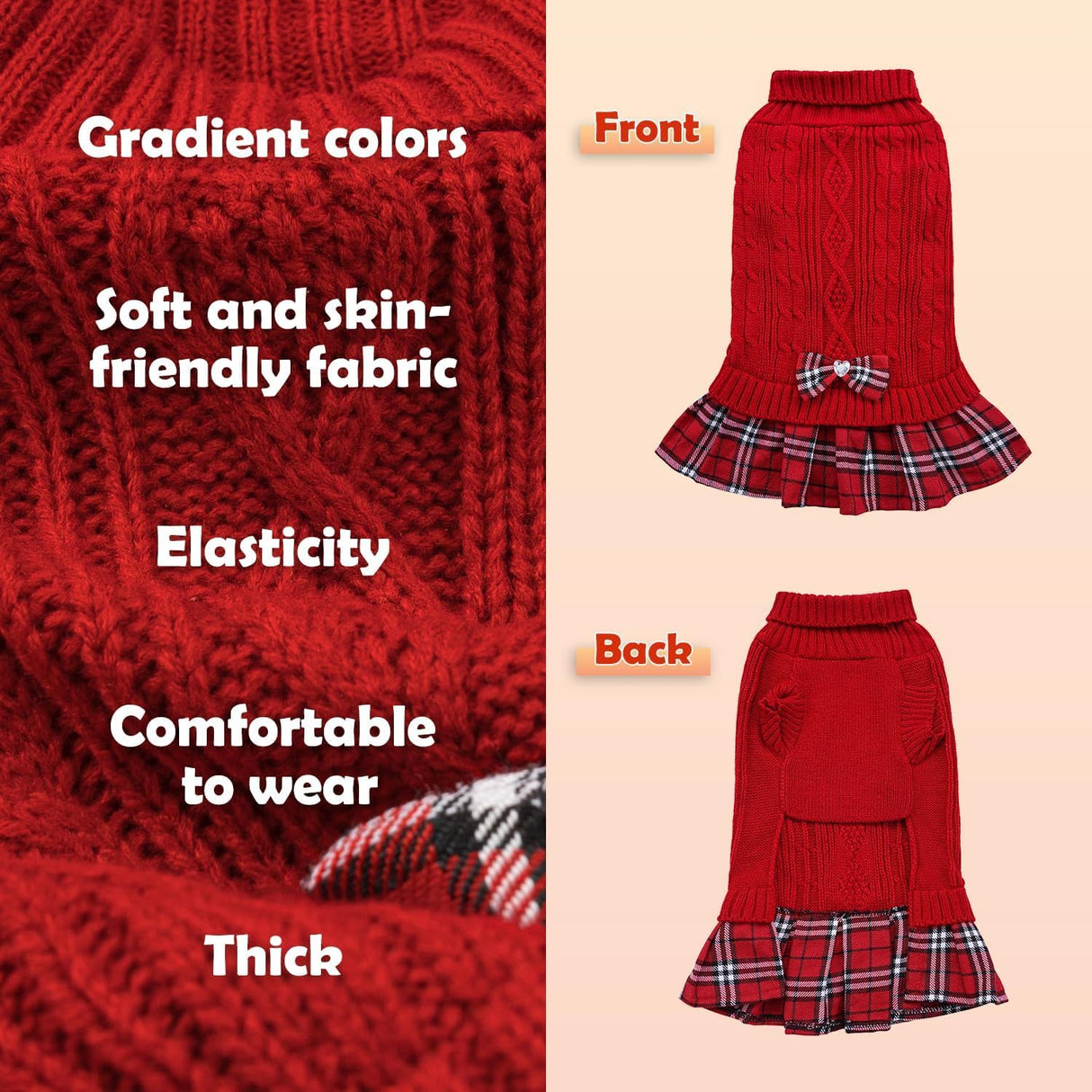 YUDODO 2 Pack Small Dog Sweater Dress with Bowtie Turtleneck - Knitted Pet Girl Dog Winter Clothes - Pet Warm Sweater for Puppy Yorkies, Chihuahua (S Red+Grey)