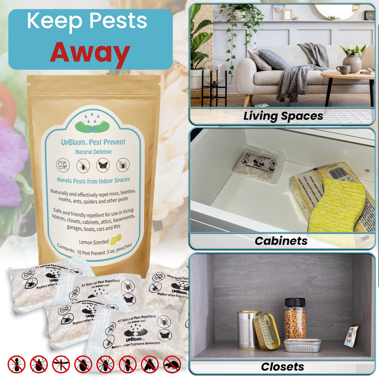 UpBloom Pest Prevent Natural Defense Repellent for Indoor Spaces for mice, Beetles, Moths, Ants, Spider 10 Pouches. All Natural Made in The USA
