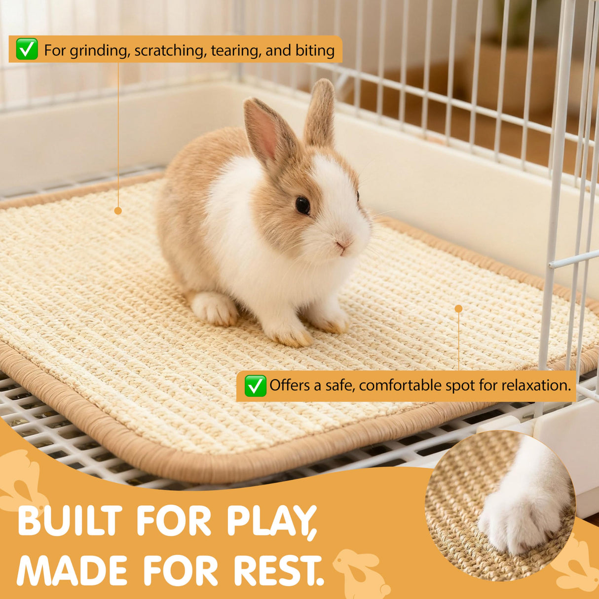 Nexlythara Rabbit Scratching Pad, Sisal Bunny Scratch Mat for Cages - 2PCS Natural Rabbits Nail Scratcher for Indoor Rabbit Chew Toys & Bedding, 16x12 Inch