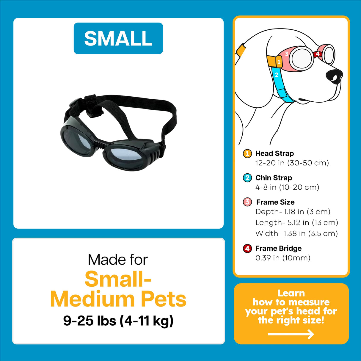 PetSpex® Dog and Cat Sunglasses, Pet Goggles with UV Protection, Windproof Water Resistant Pet Glasses with Adjustable Head and Chin Straps for Outdoor Adventures, Small, Black