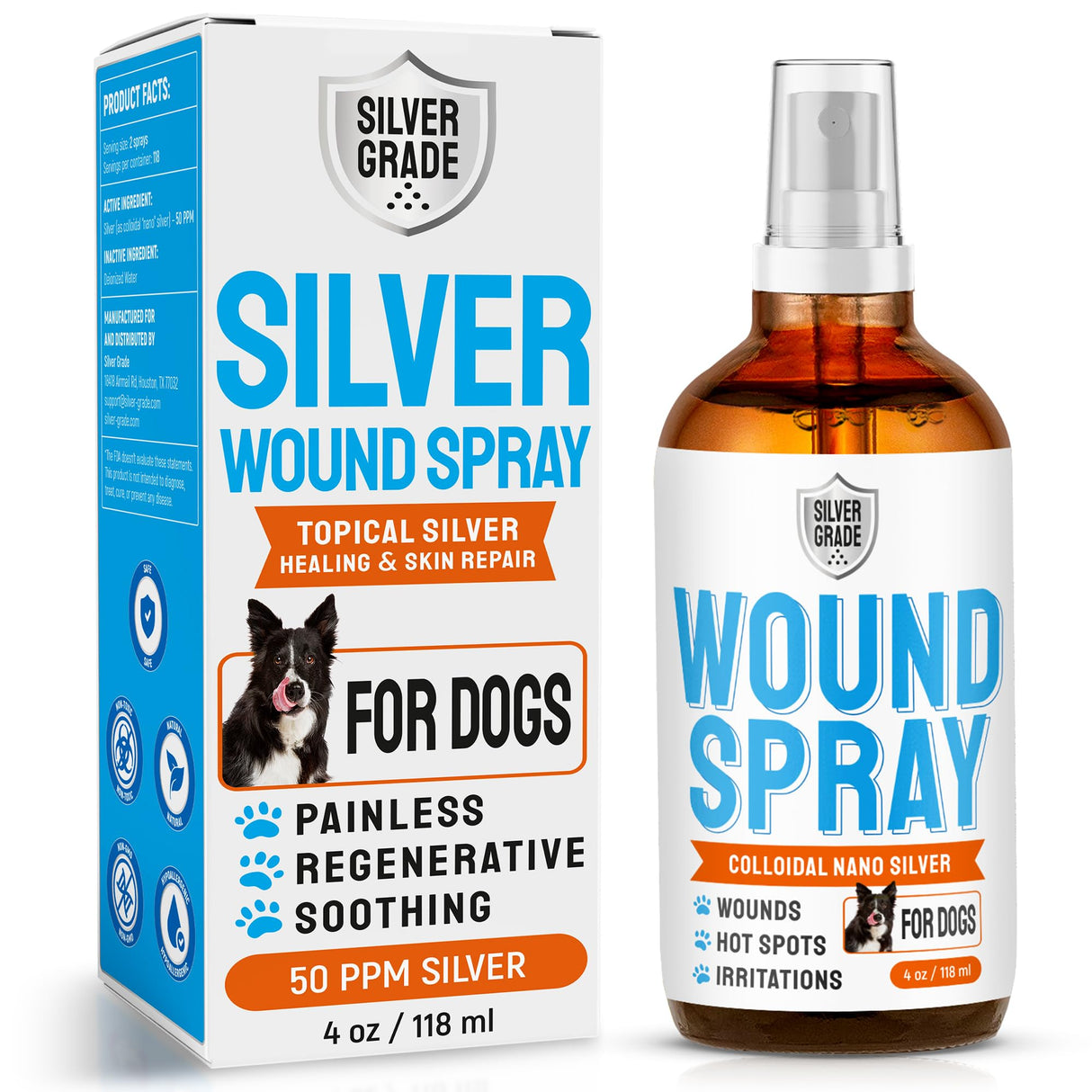 Silver Dog Wound Spray Helps with Hot Spots, Irritations, Bites, Burns, Rashes, Itch, Scratching – Better Use with a Dog Cone to Stop Licking – Safe for Large and Small Breeds – 4 oz