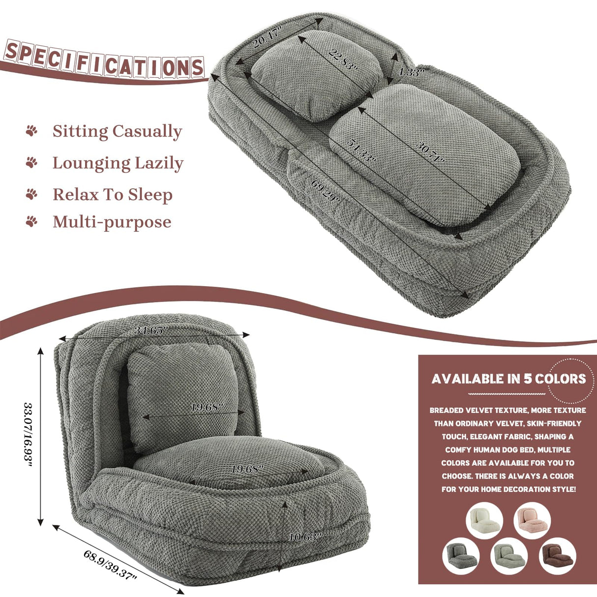 Upholstered Human Dog Bed for Adult & Pets, Convertible Lazy Sofa Bed with 5 Adjustable Position, Comfy Tatami Bean Bag Lounge Chair with 2 Soft Pillows for Bedroom Living Room Office (Gray)