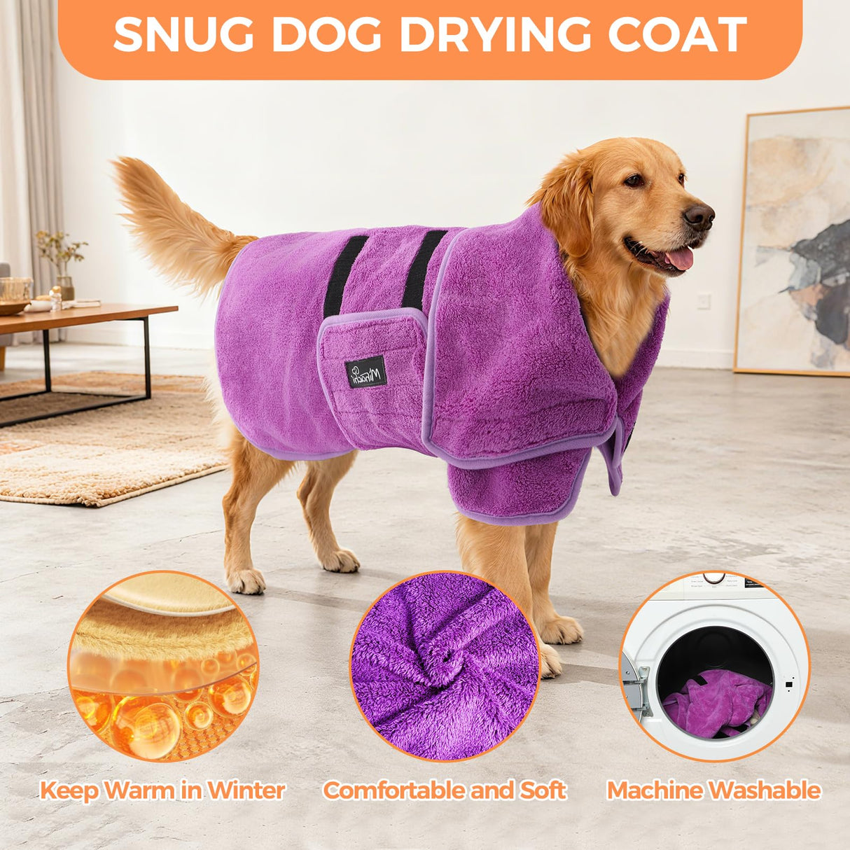 Mihachi Dog Bathrobe Towel Wrap Fast Drying with Drying Gloves Set, Super Absorbent Coral Fleece Dog Drying Coat Bath Robe for Puppy, Medium & Large Dogs, Adjustable Collar & Belly Strap, Purple XL