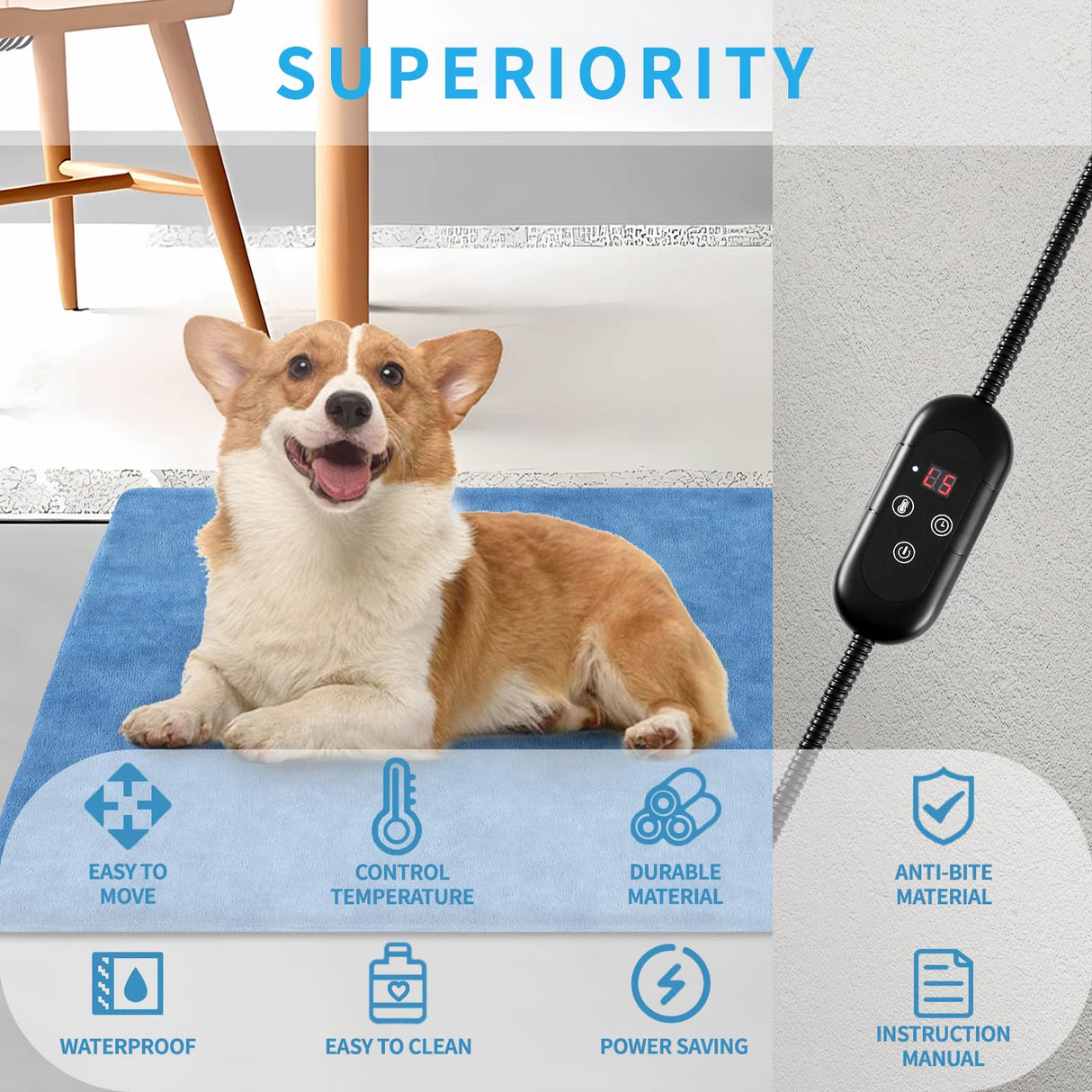 KEKELAN Pet Heating Pad for Dogs, Indoor Outdoor Heated Cat Bed Waterproof Electric Heated Pad Mat for Cats with Chew Resistant Cord,5 Timer and 6 Level Temperature Pet Bed Warming Pad-15.7x27.5