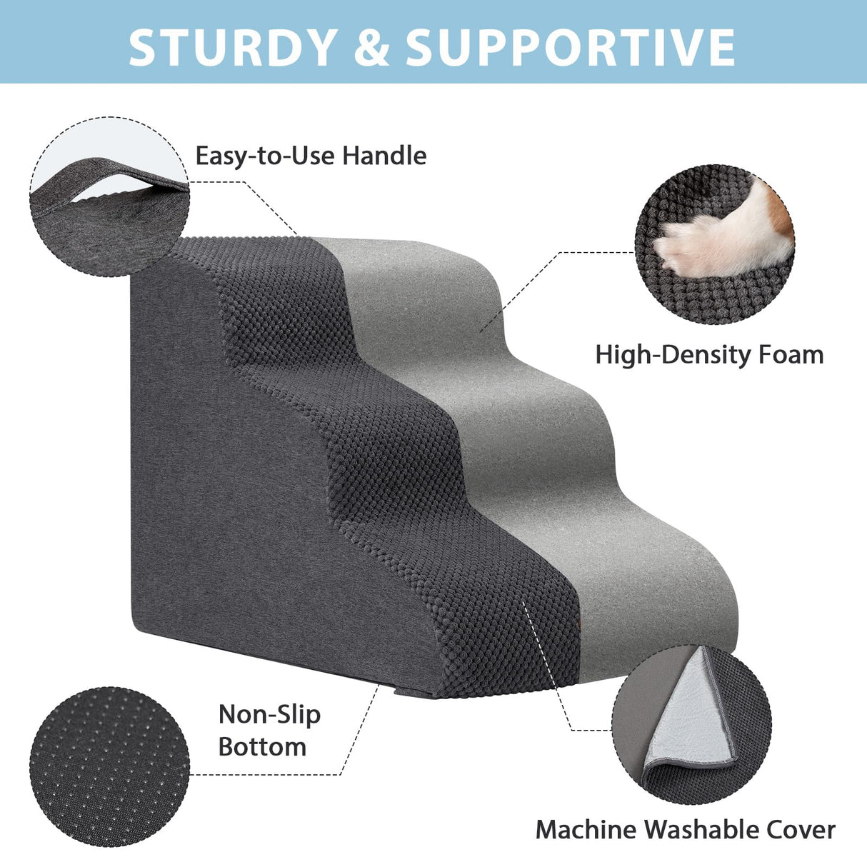 Garnpet Dog Stairs for Couch Sofa and Chair, 3-Step Dog Steps for Small Dogs and Cats, Non-Slip Indoor Pet Step, Dark Grey