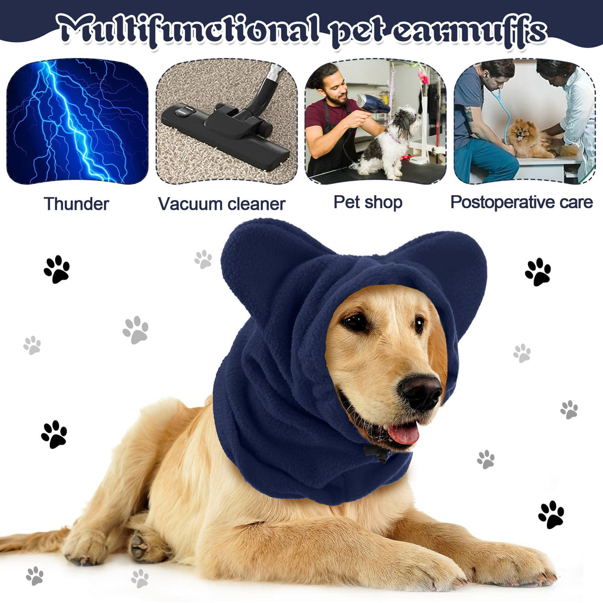 Clysee Winter Dog Hats Quiet Ears for Dogs Ear Muffs Pet Neck Warmer Scarf Hoodie Noise Protection Cover Beanie Head Wrap Costume for Pet Dog Cats(Dark Blue,L)