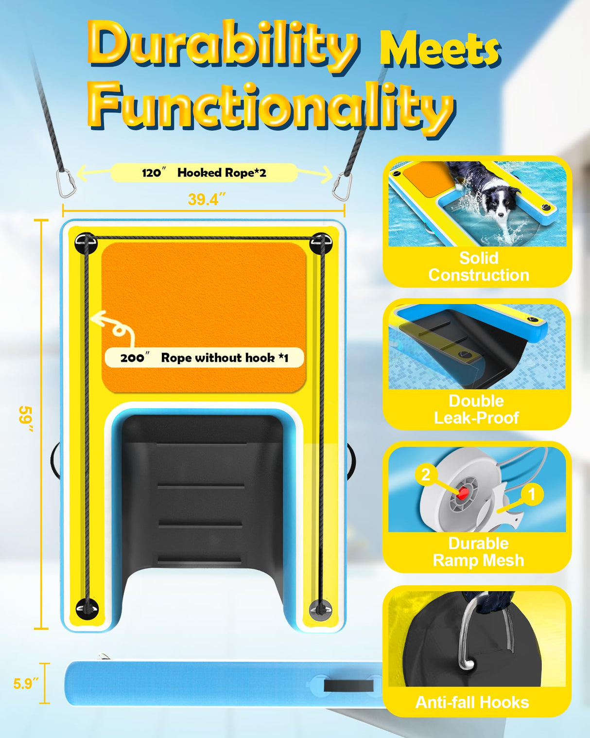 Upgrade Inflatable Dog Ramp,Multi-Use Dog Floats Ladder for Boat Pool Dock Lake,Non-Slip One-Piece Ramp Mesh Swimming Plank for Pup& Large Dogs Up to 240 lbs,Portable for Car Travel,Water Play