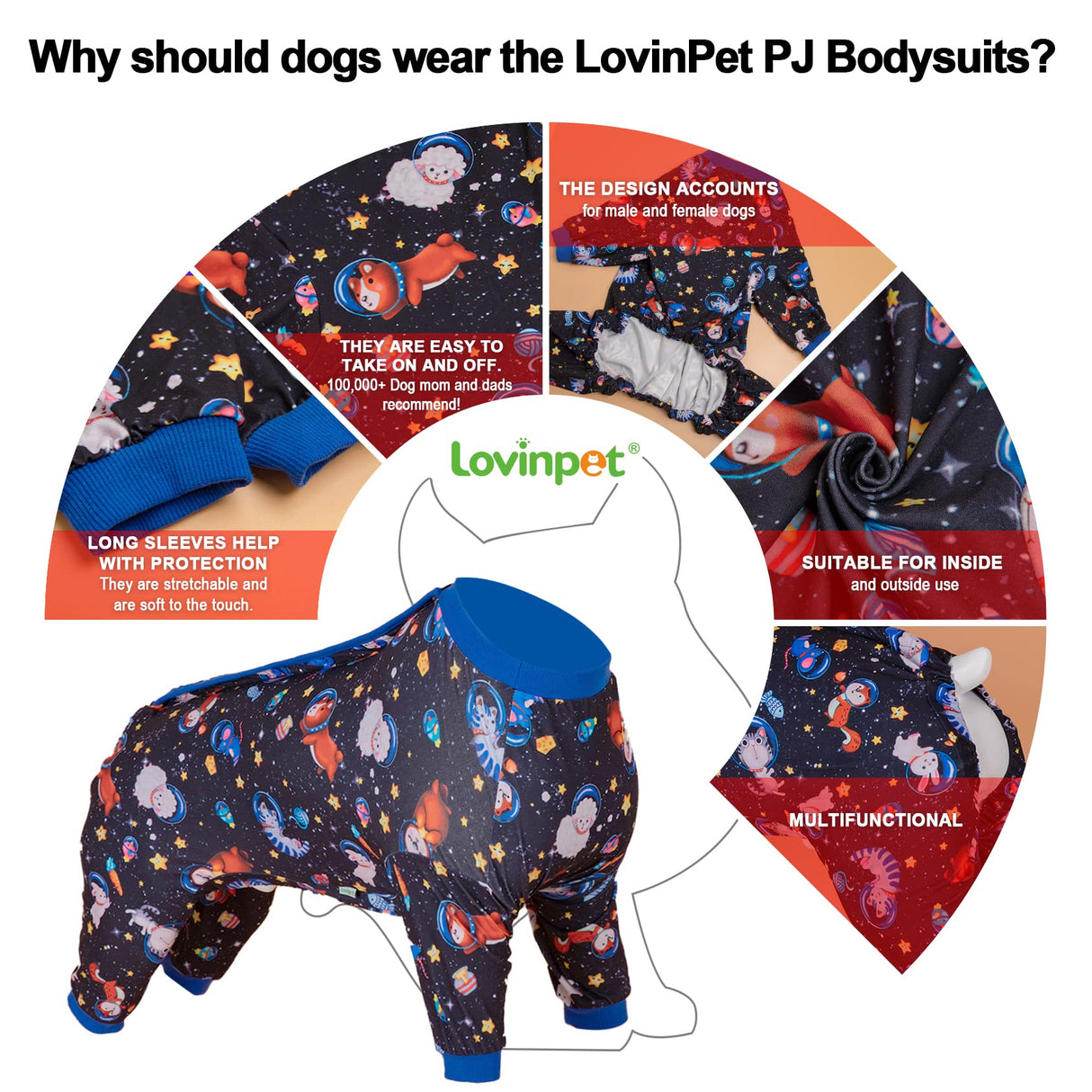 LovinPet Large Big Dog Pajamas - Anxiety Calming Dog Onesie, Pet Pajamas for Dogs, Lightweight Stretchy 4 Legged Style Large Dog Jammies, Space Animals Black Print, Pet Pjs,Black XL