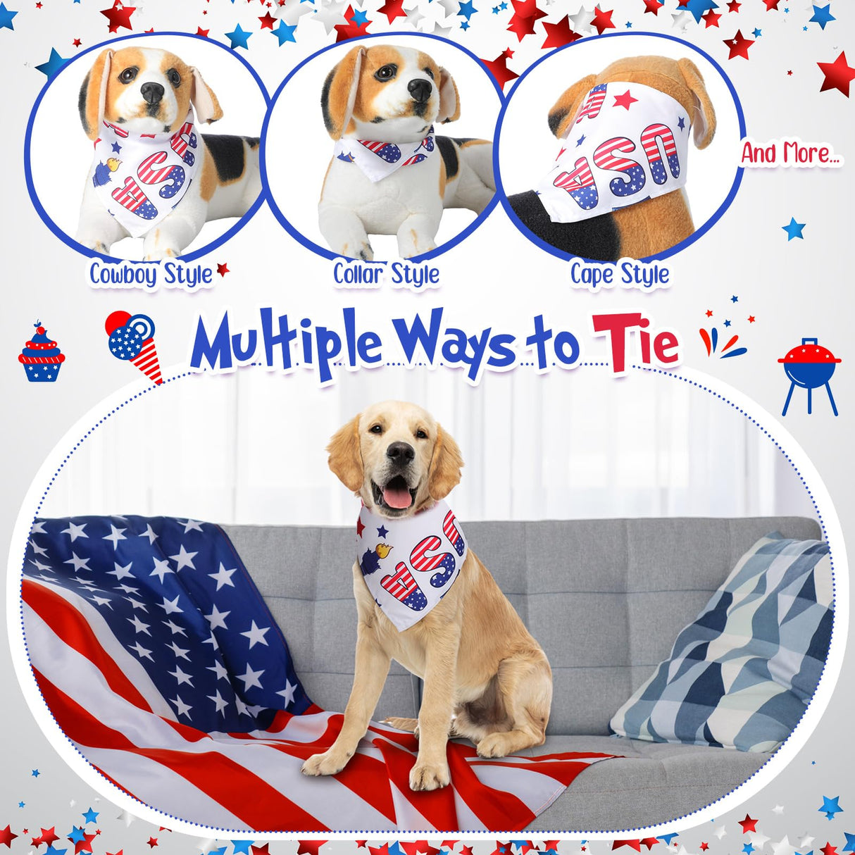 Chunful 100 Pcs 4th of July Dog Bandana Bulk Patriotic Dog Bandana American Flag Scarf Triangle Bibs Washable Puppy Kerchief Adjustable Grooming Supplies for Small Medium Large Dog Cat Accessory