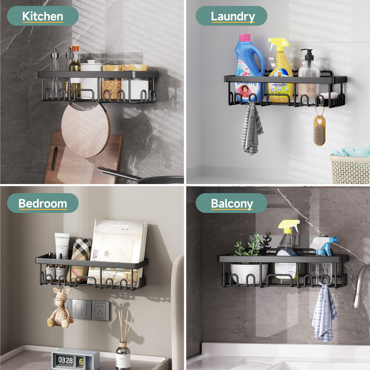 Veken Shower Caddy 6-Pack, Advanced Rustproof Design, No Drilling Adhesive Shelves, Rack with Soap Holder, Large Capacity Bathroom Organizers and Storage, Wall-Mounted Kitchen & Home Decor