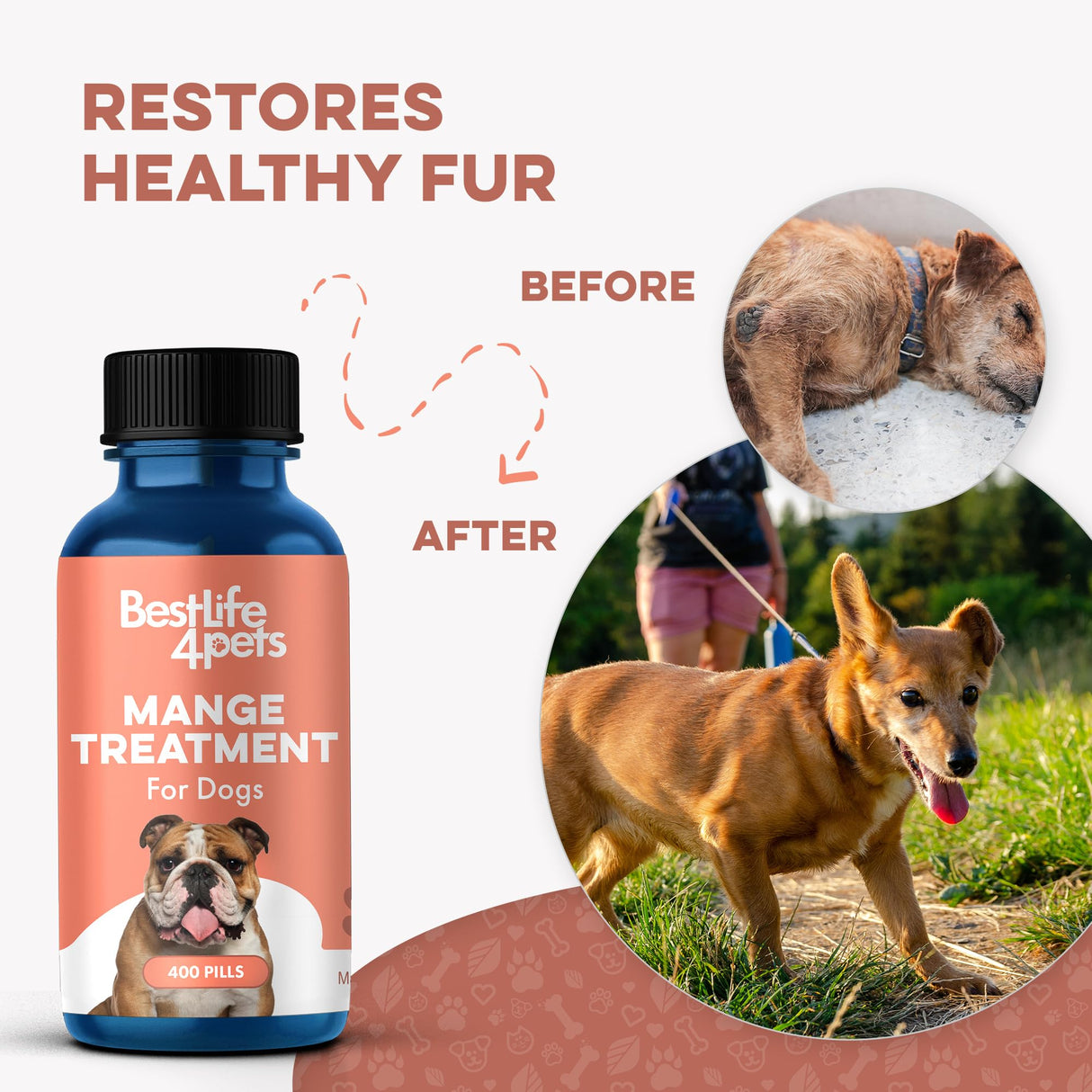 Dog Mange Support and Natural Dog Itching Relief for Canine Coat Issues & Puppy Mange, Soothes Dry Itchy Scaly Skin, Welts & Scabs - Helps Restore Fur Loss (Easy Use 400 Tiny Pills)