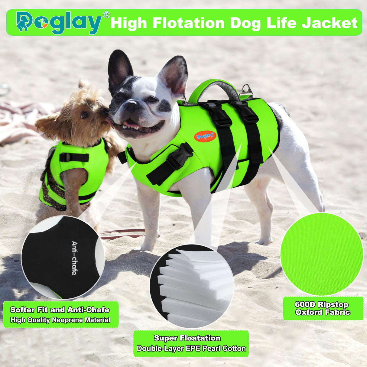 Doglay Dog Life Jacket Neoprene, High Buoyancy Dog Harness Life Vest for Swimming and Boating, Adjustable Swim Vest with Rescue Handle for Small Medium Large Dogs