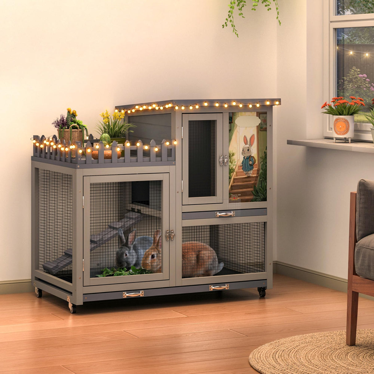 Wood Rabbit Hutch with Balcony - Small Animal House Bunny Cage on Wheels for Indoor Outdoor, Rabbit Cage Included Ramp, Pull Out Tray, (Grey with Pattern)