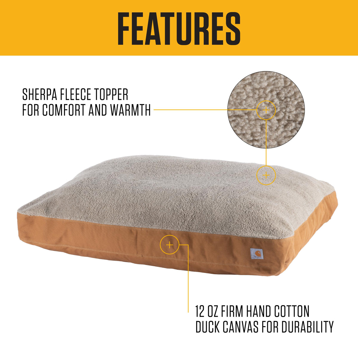 Carhartt Durable Canvas Pet Bed, Water Resistant Firm Duck Dog Bed, Carhartt Brown (Sherpa Top), Large